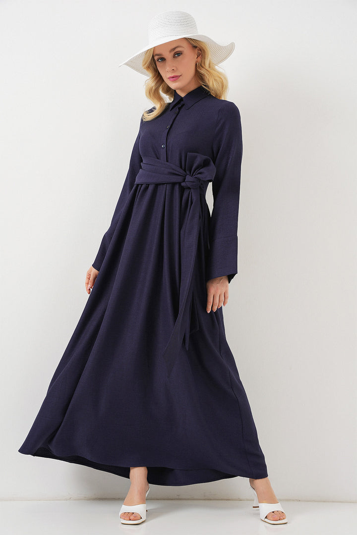 BGD Women Women's Front Tied Linen Dress 2574 - Navy Blue - Bordeaux