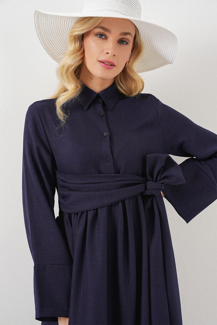BGD Women Women's Front Tied Linen Dress 2574 - Navy Blue - Pinneberg