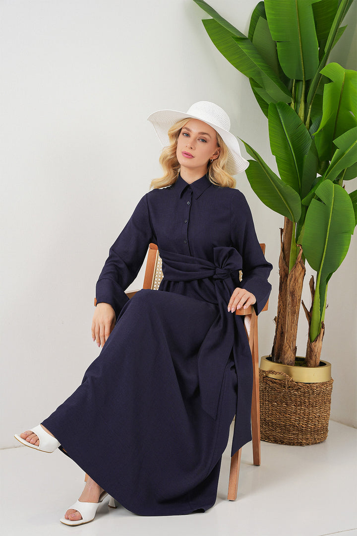 BGD Women Women's Front Tied Linen Dress 2574 - Navy Blue - Bordeaux