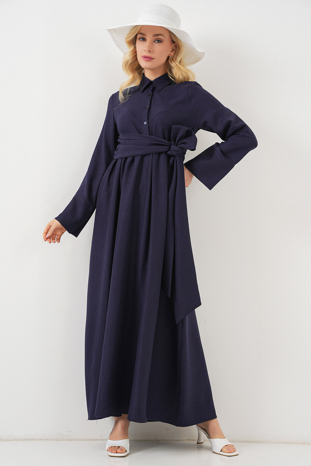 BGD Women Women's Front Tied Linen Dress 2574 - Navy Blue - Bordeaux