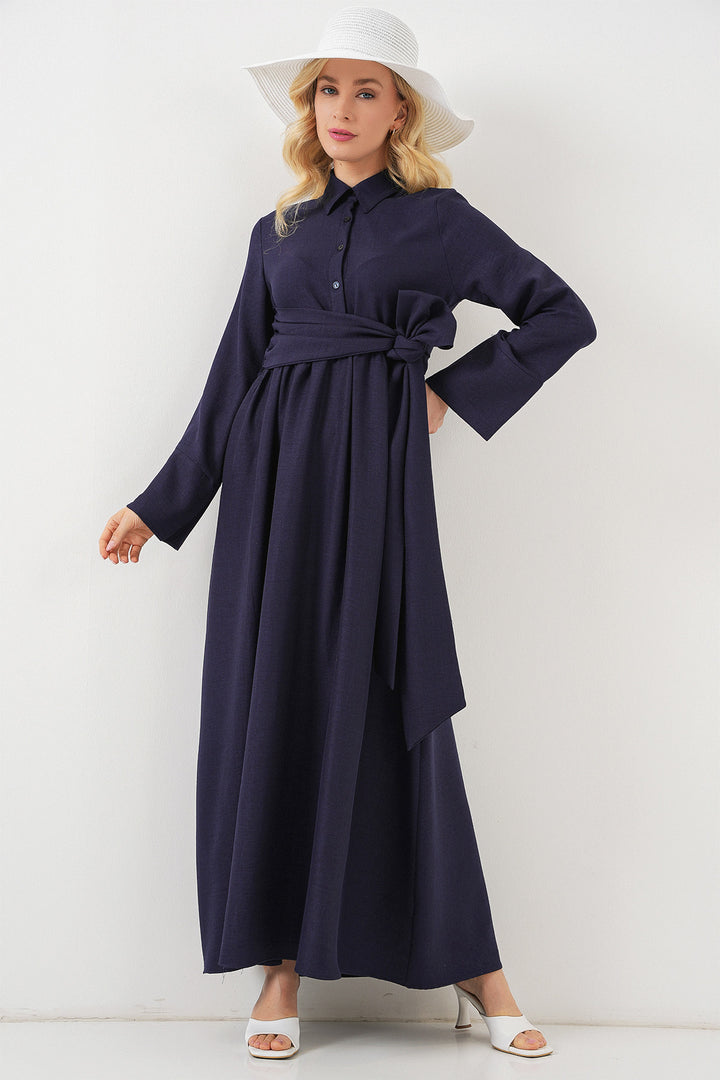 BGD Women Women's Front Tied Linen Dress 2574 - Navy Blue - Bordeaux