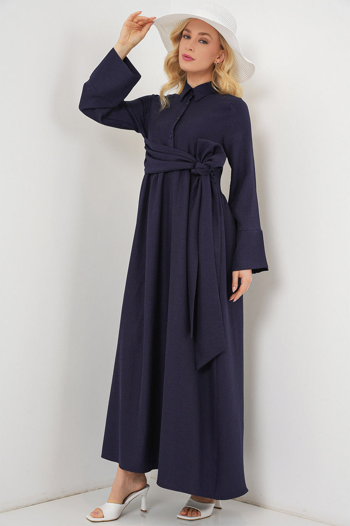 BGD Women Women's Front Tied Linen Dress 2574 - Navy Blue - Bordeaux