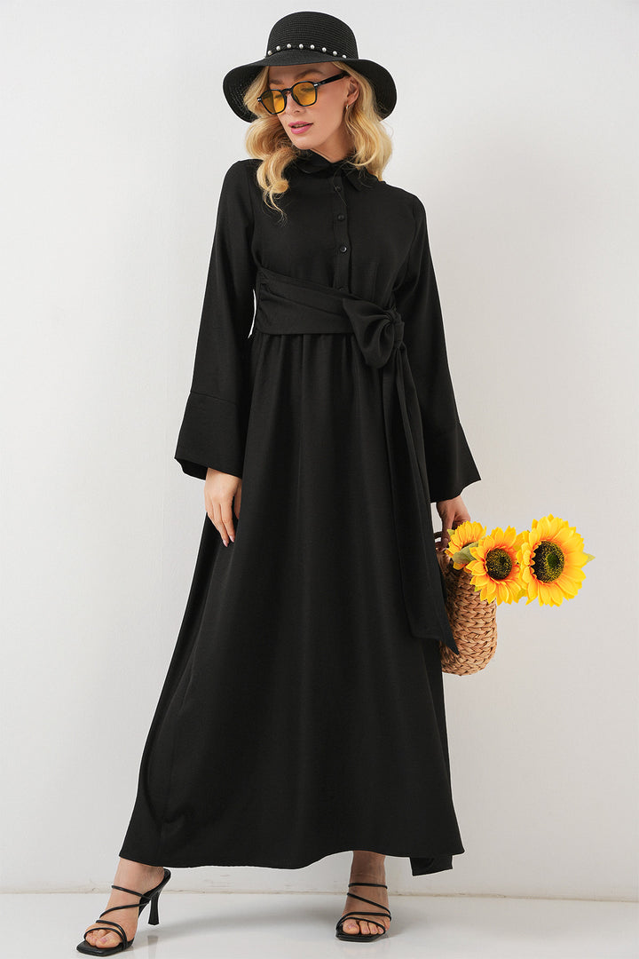 BGD Women Woman Front Tied Linen Dress 2574 - Black - Rende