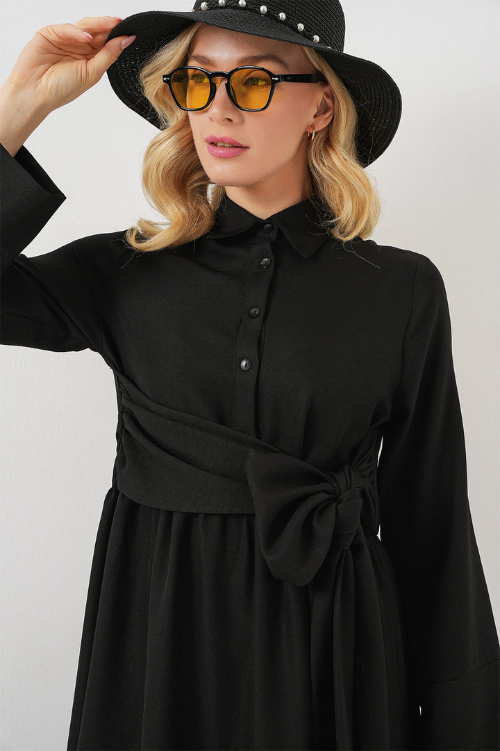 BGD Women Woman Front Tied Linen Dress 2574 - Black - Rende
