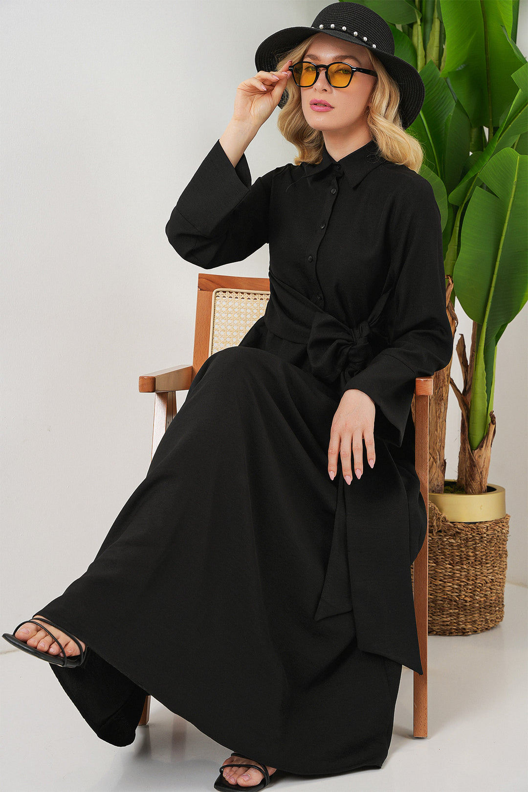 BGD Women Woman Front Tied Linen Dress 2574 - Black - Rende