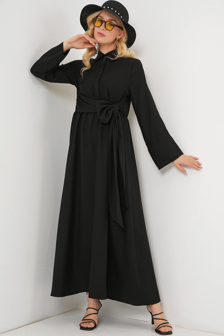 BGD Women Woman Front Tied Linen Dress 2574 - Black - Rende