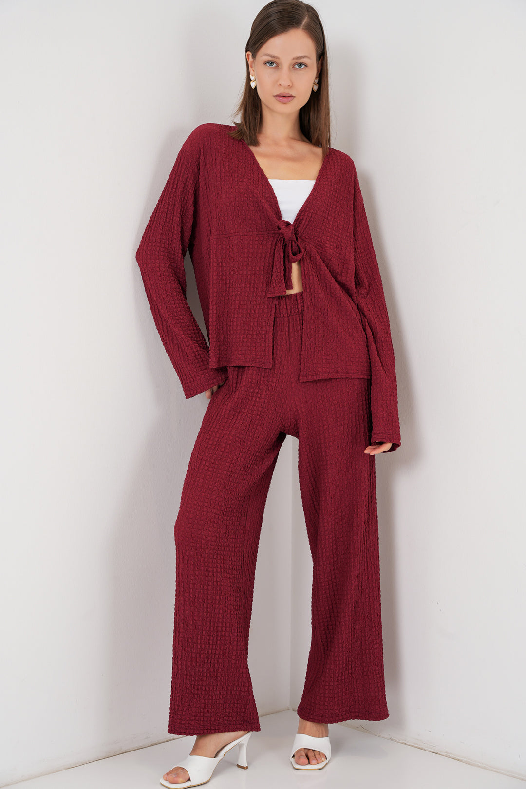 BGD Women Woman Knitted Blouse Pants Set 30052 - Burgundy - Vineland