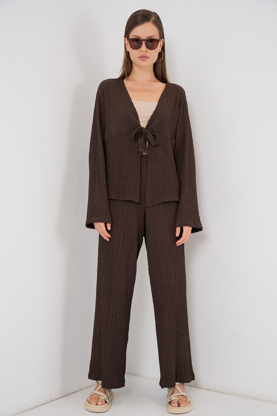 BGD Women Women's Knitted Blouse Pants Set 30052 - Brown - San Luis Obispo