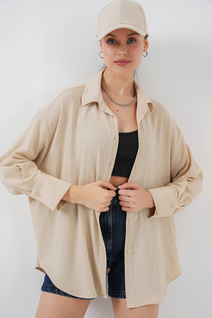 BGD Women Woman Knitted Oversized Shirt 20264 - Beige - Toluca