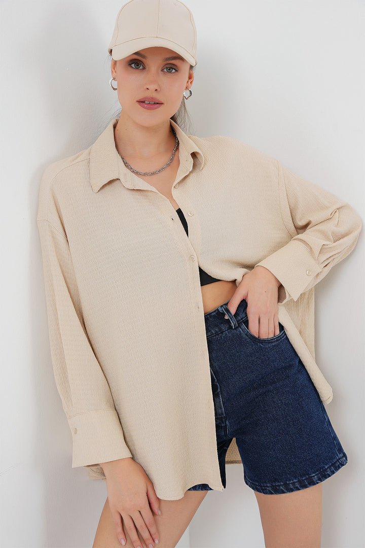 BGD Women Woman Knitted Oversized Shirt 20264 - Beige - Toluca