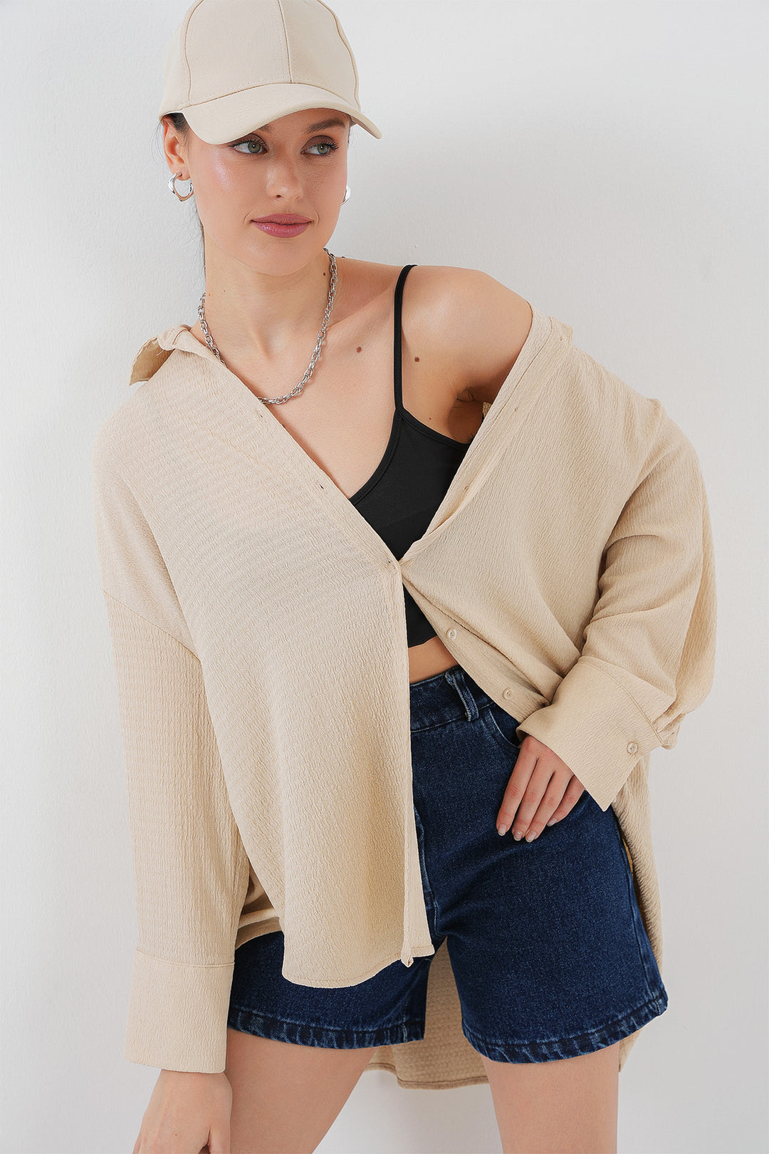 BGD Women Woman Knitted Oversized Shirt 20264 - Beige - Toluca