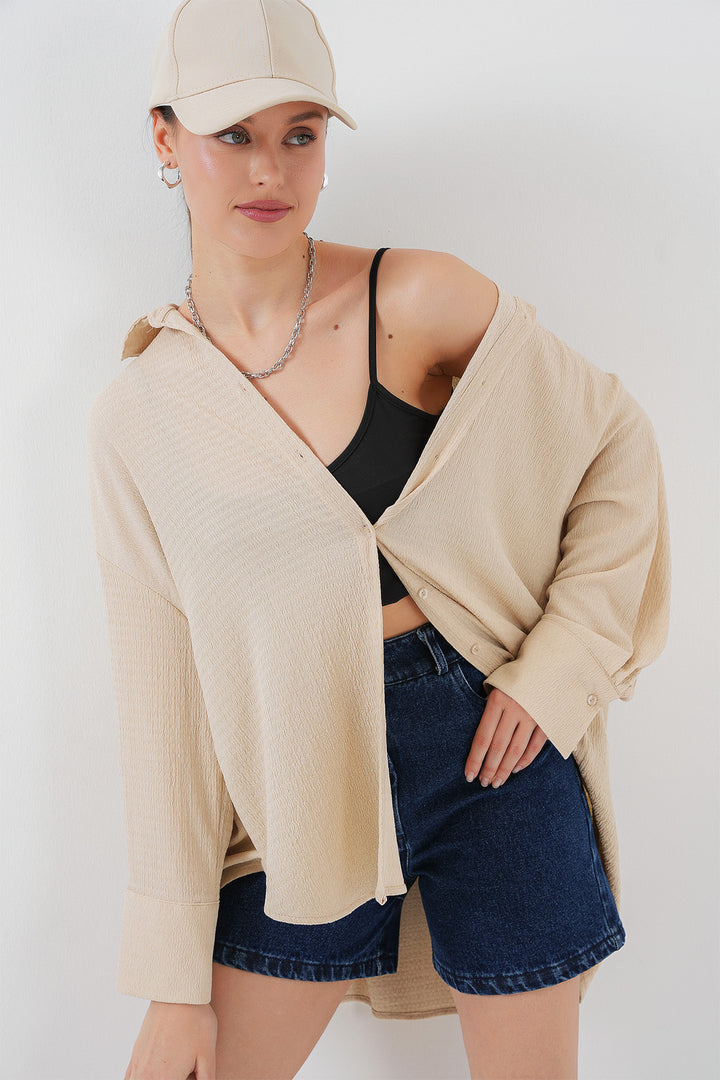 BGD Women Woman Knitted Oversized Shirt 20264 - Beige - Toluca