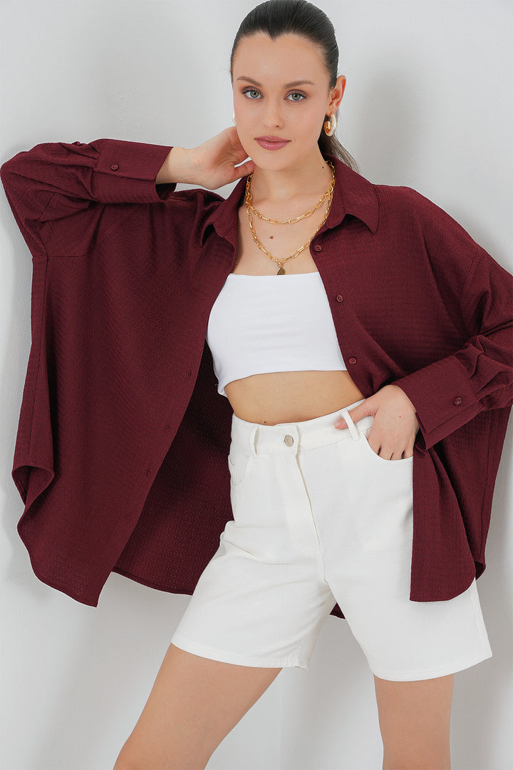 BGD Women Women's Knitted Oversized Shirt 20264 - Burgundy - Genk