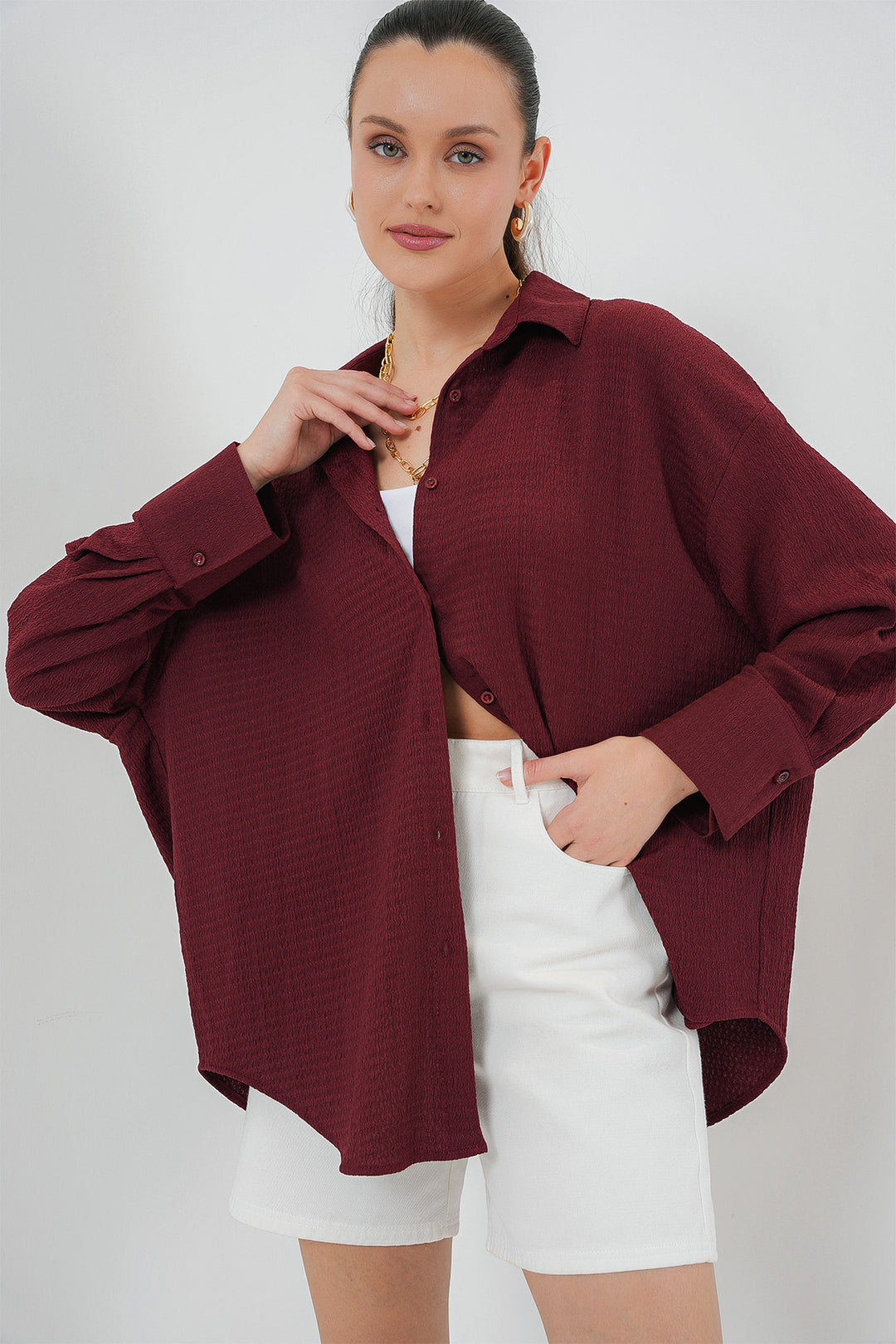BGD Women Women's Knitted Oversized Shirt 20264 - Burgundy - Genk