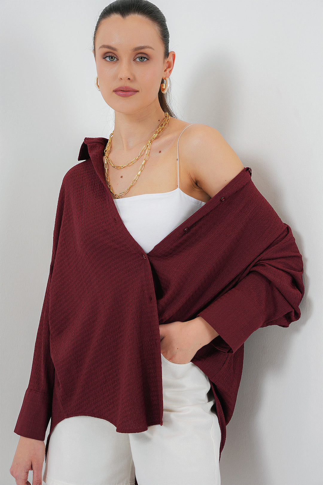 BGD Women Women's Knitted Oversized Shirt 20264 - Burgundy - Genk