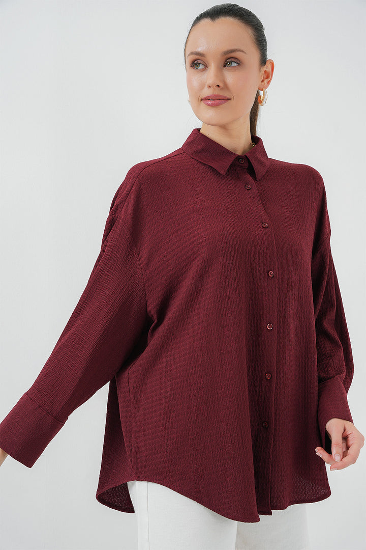 BGD Women Women's Knitted Oversized Shirt 20264 - Burgundy - Genk