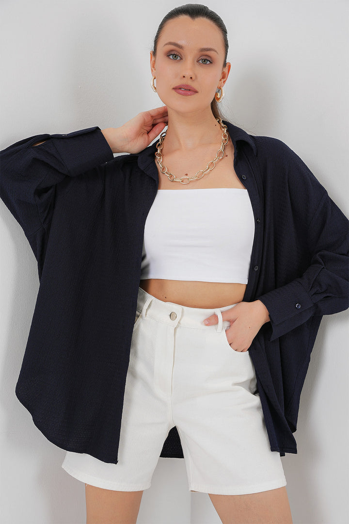 BGD Women Women's Knitted Oversized Shirt 20264 - Navy Blue - Vallejo