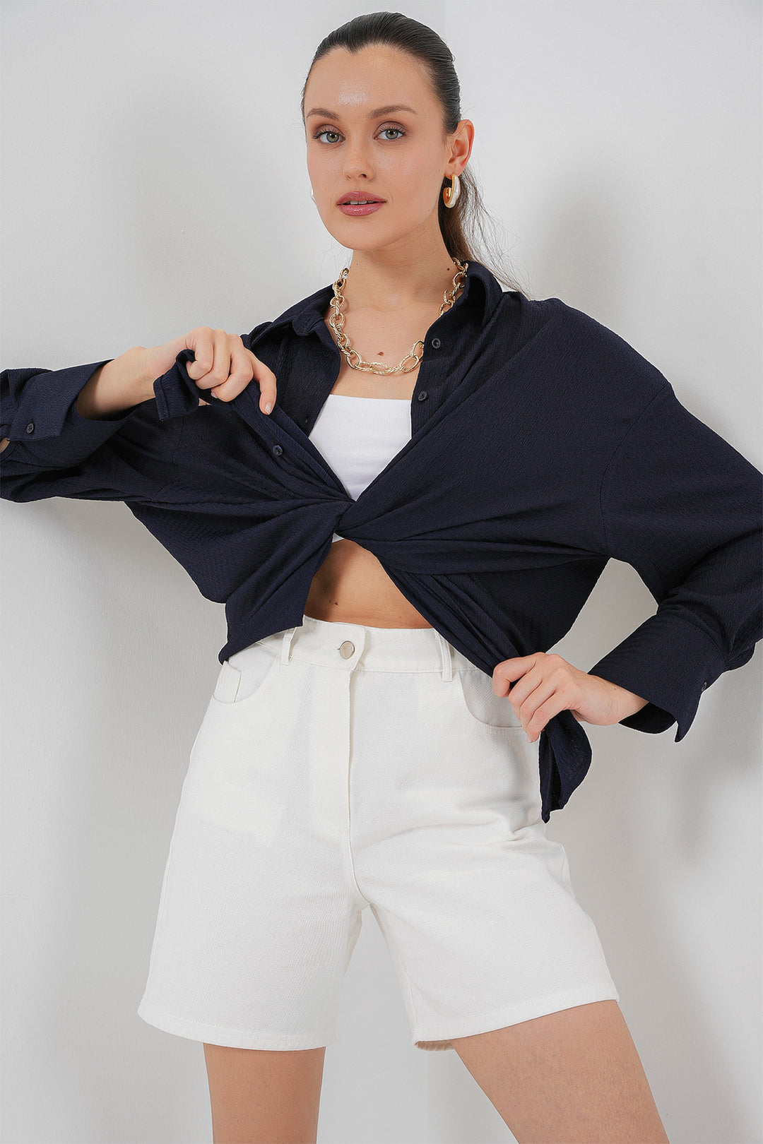 BGD Women Women's Knitted Oversized Shirt 20264 - Navy Blue - Vallejo
