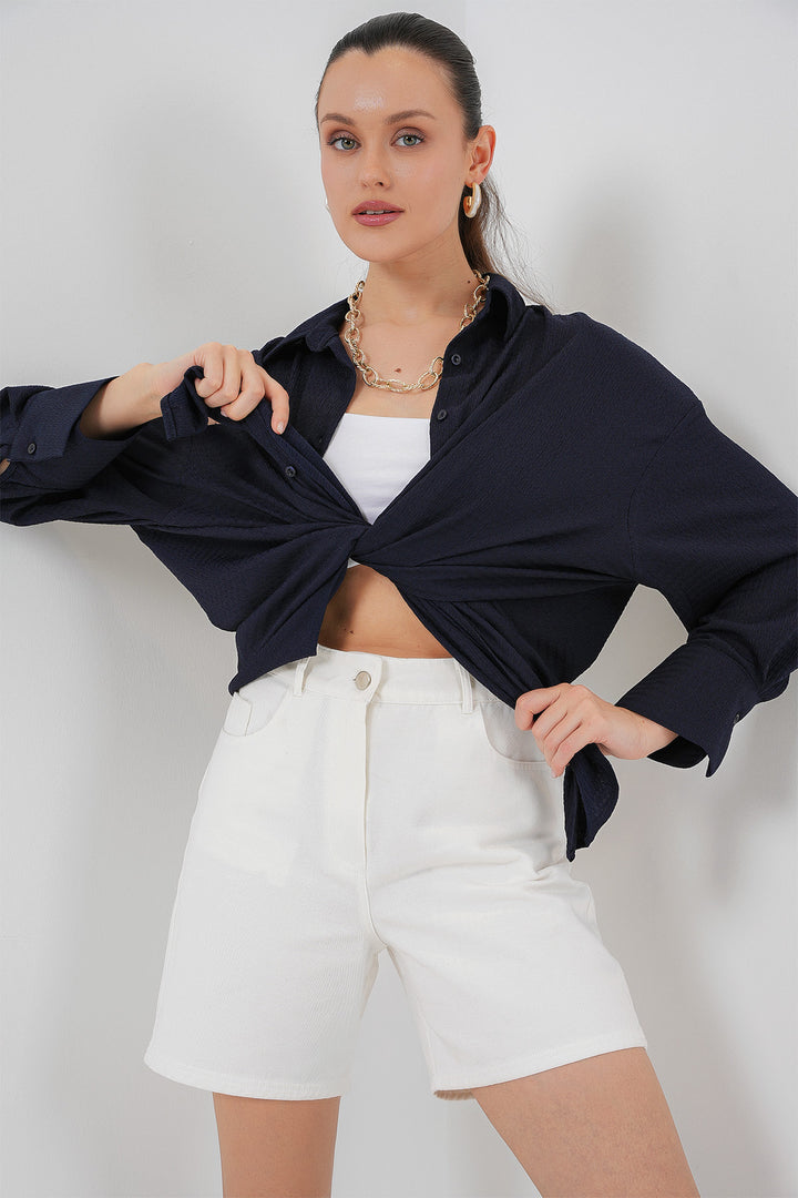 BGD Women Women's Knitted Oversized Shirt 20264 - Navy Blue - Vallejo