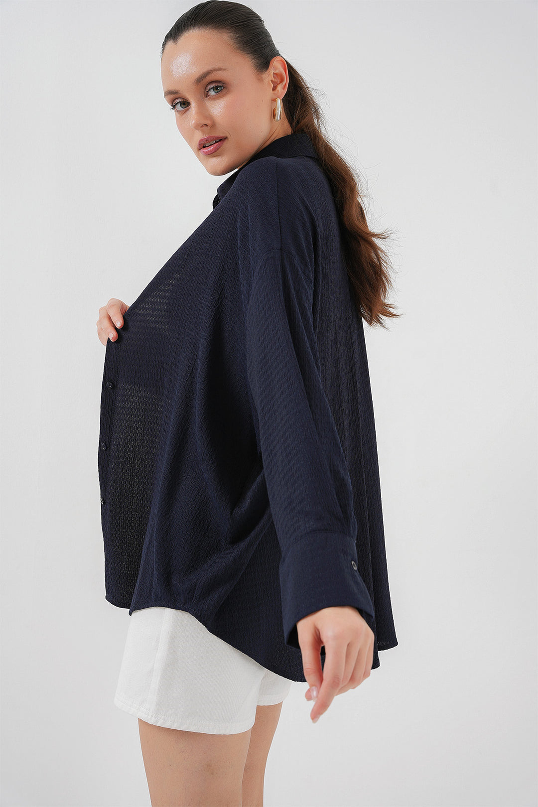 BGD Women Women's Knitted Oversized Shirt 20264 - Navy Blue - Vallejo