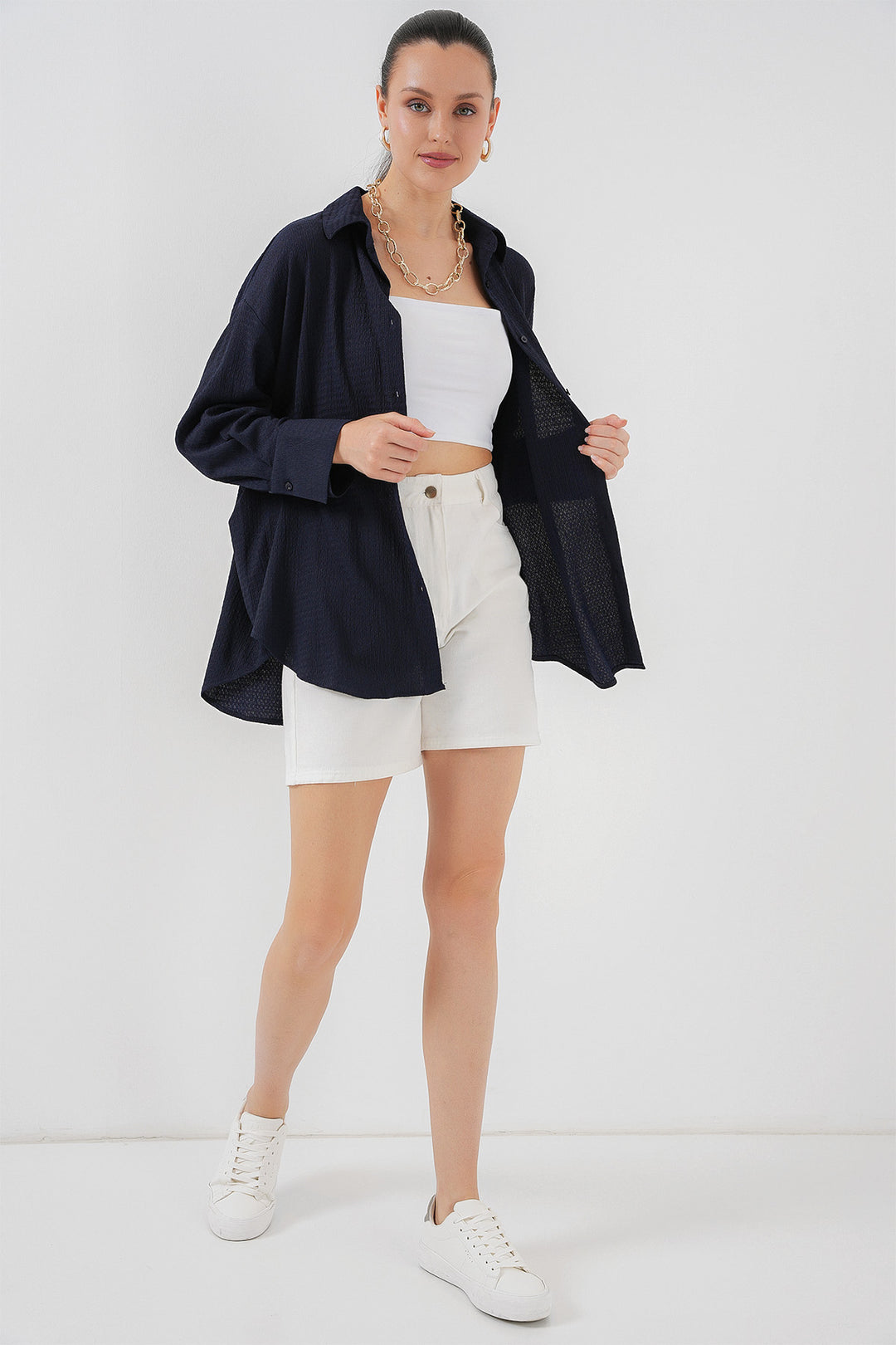 BGD Women Women's Knitted Oversized Shirt 20264 - Navy Blue - Vallejo