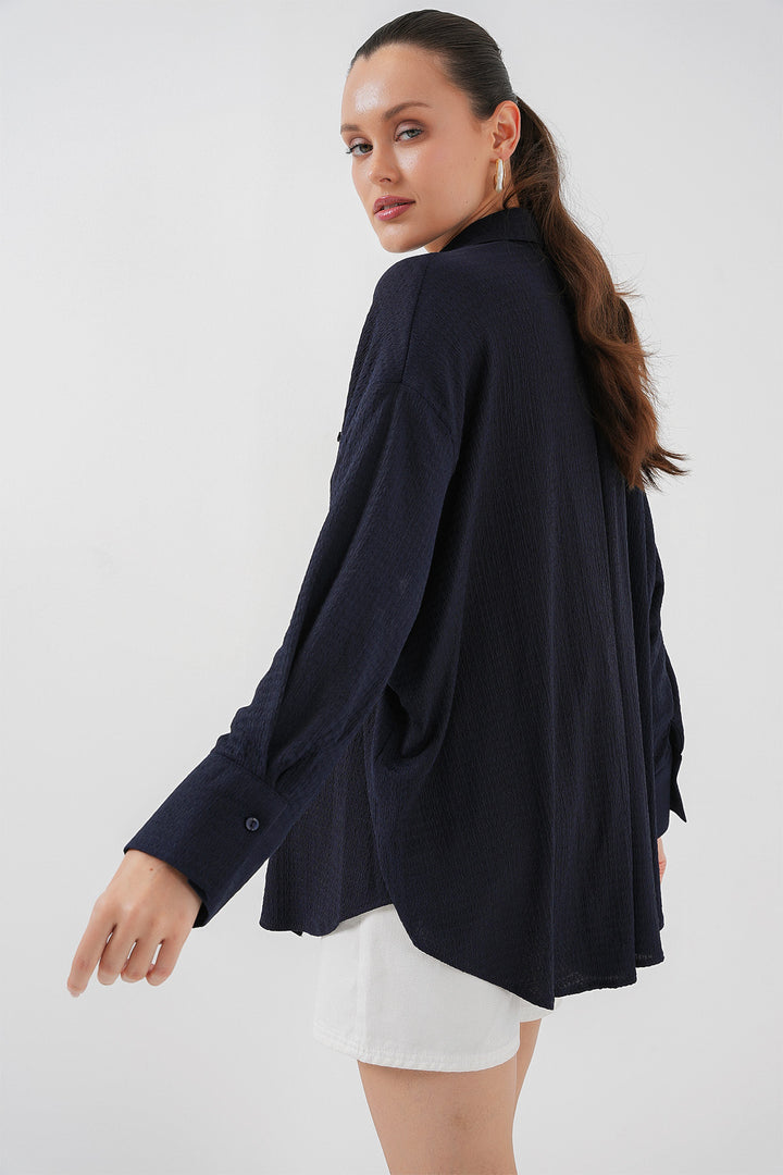 BGD Women Women's Knitted Oversized Shirt 20264 - Navy Blue - Vallejo