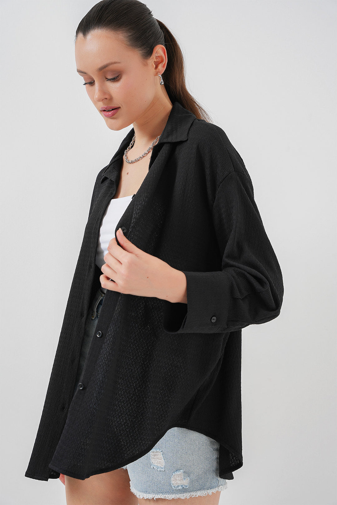 BGD Women Woman Knitted Oversized Shirt 20264 - Black - Santa Rosa