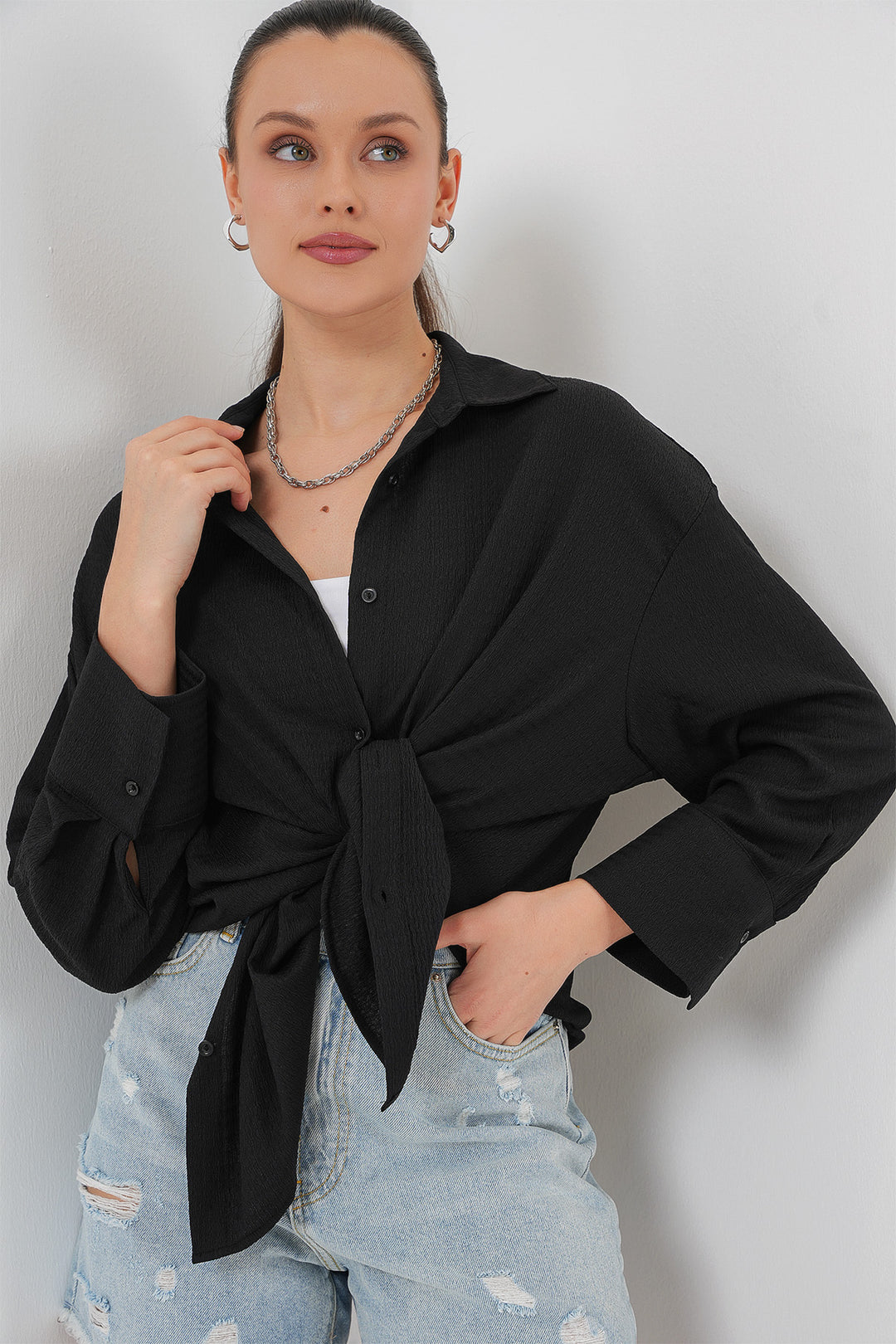 BGD Women Woman Knitted Oversized Shirt 20264 - Black - Santa Rosa