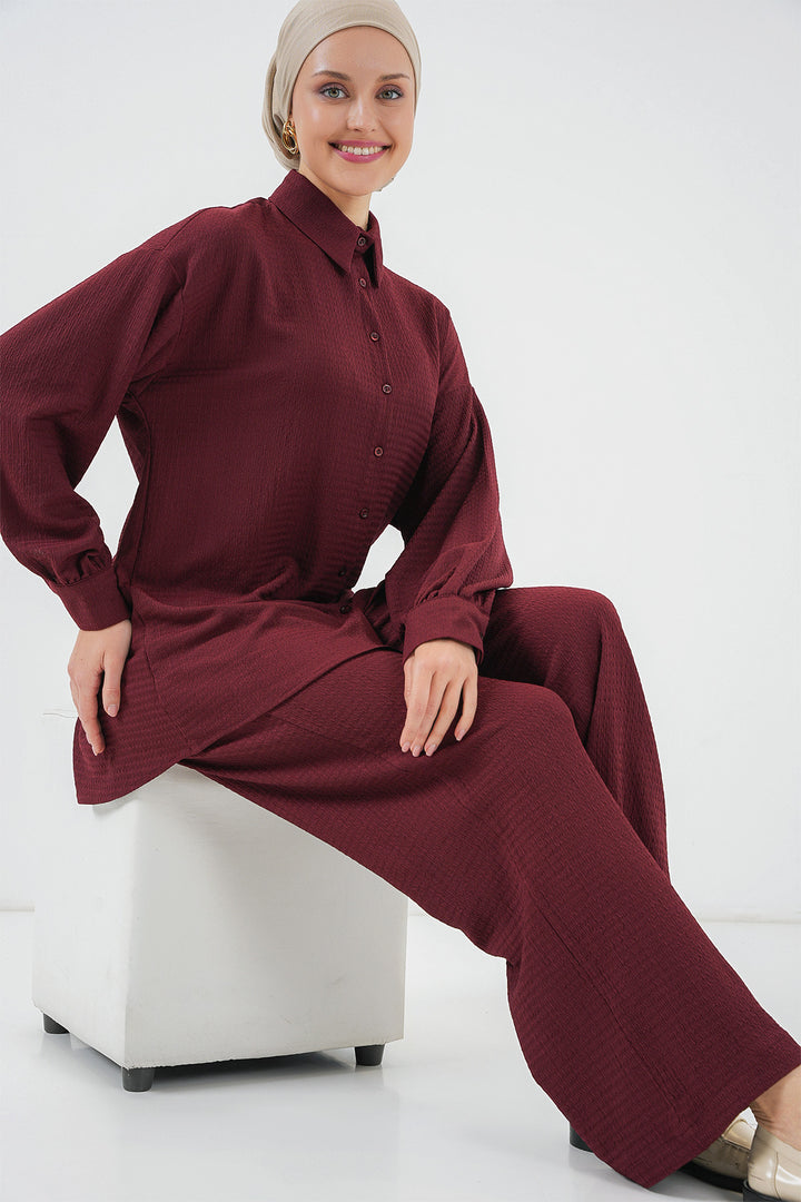 BGD Women Woman Knitted Hijab Top and Bottom Set 6711 - Burgundy - Westfield