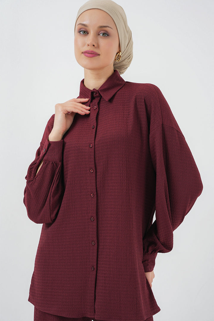 BGD Women Woman Knitted Hijab Top and Bottom Set 6711 - Burgundy - Westfield