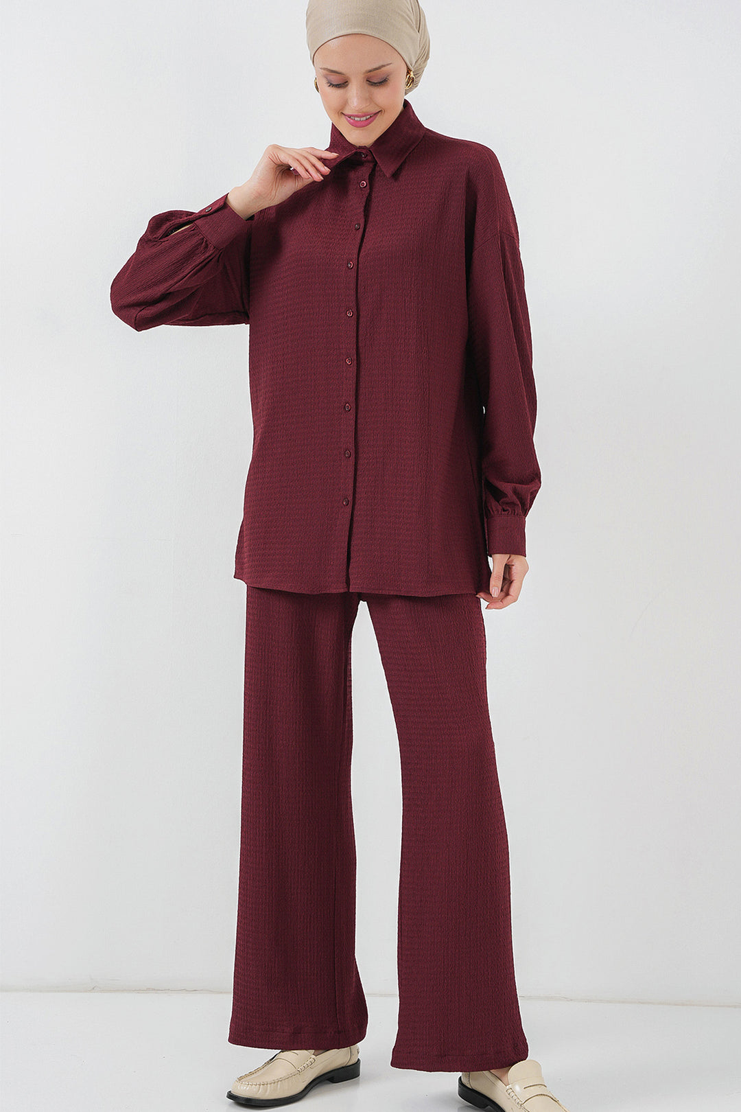 BGD Women Woman Knitted Hijab Top and Bottom Set 6711 - Burgundy - Westfield