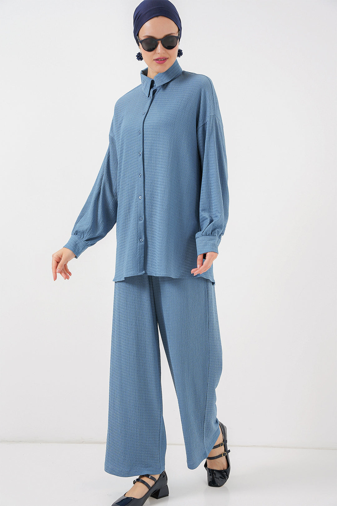 BGD Women Woman Knitted Hijab Top Bottom Set 6711 - Indigo - Sambir