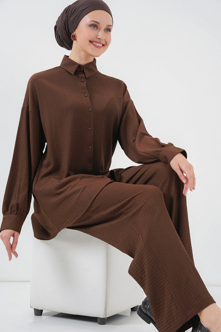 BGD Women Woman Knitted Hijab Top and Bottom Set 6711 - Brown - Bocholt