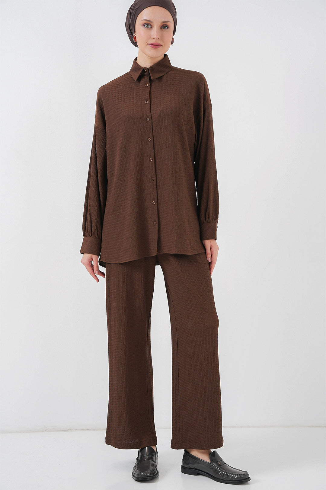 BGD Women Woman Knitted Hijab Top and Bottom Set 6711 - Brown - Bocholt