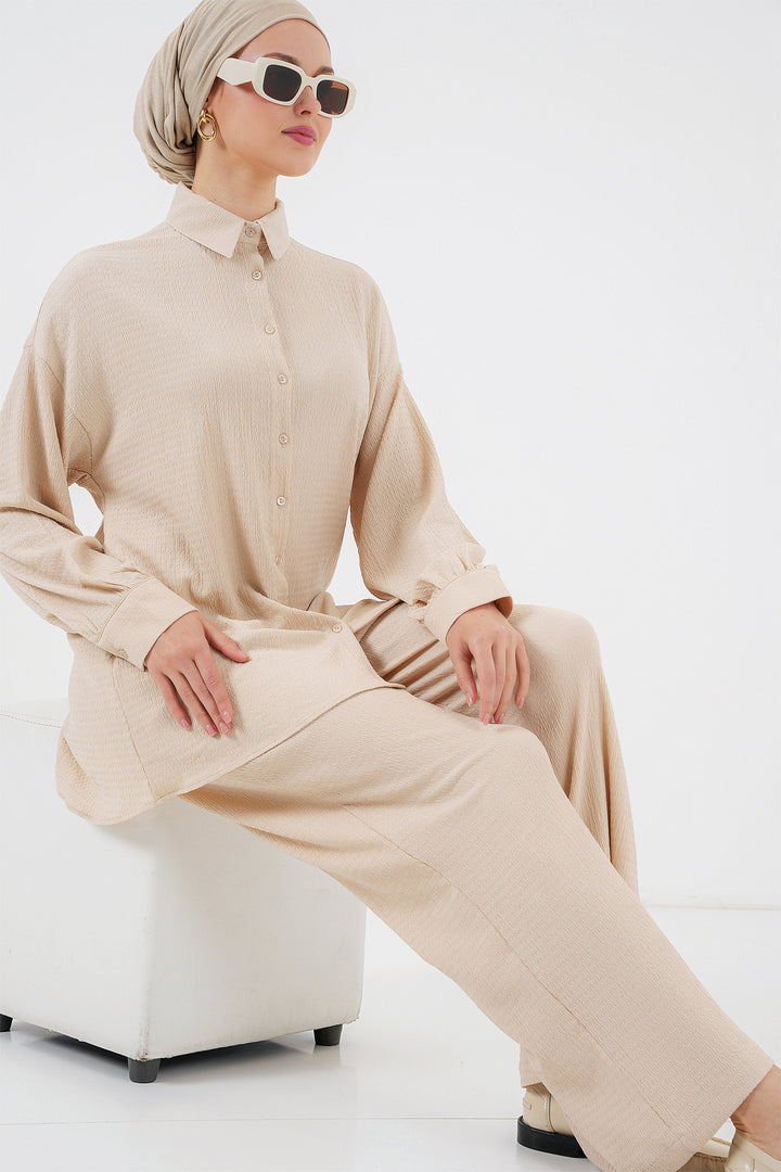 BGD Women Woman Knitted Hijab Top Bottom Set 6711 - Cream - Racine