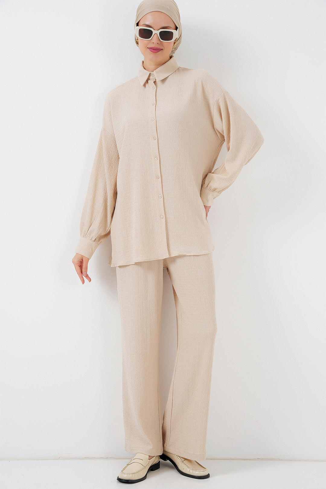 BGD Women Woman Knitted Hijab Top Bottom Set 6711 - Cream - Racine