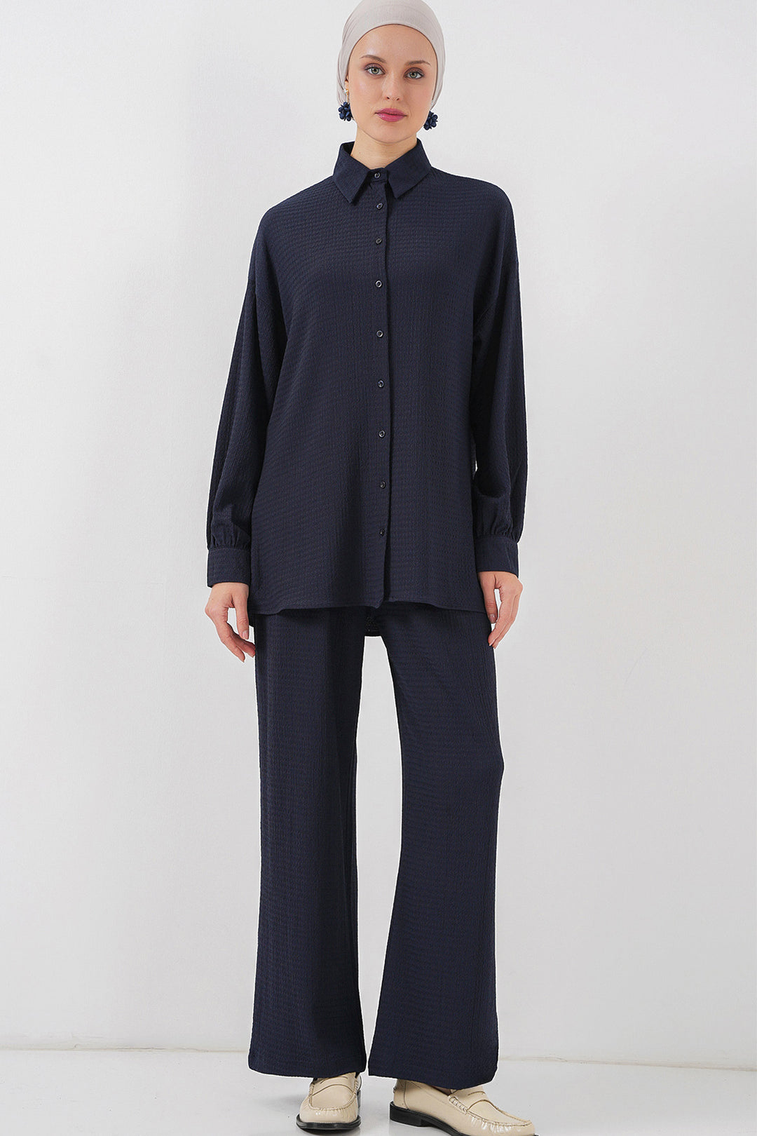 BGD Women Woman Knitted Hijab Top Bottom Set 6711 - Navy Blue - Modugno