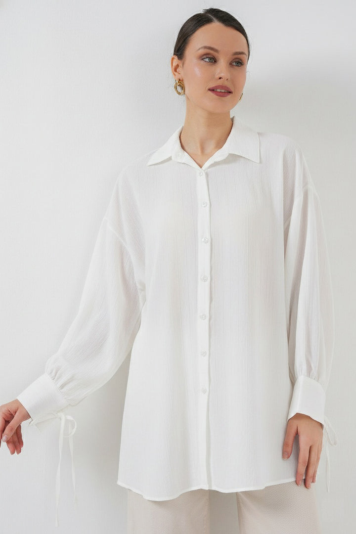BGD Women Kadın Oversize Bağcıklı Gömlek 5954 - Beyaz - Laval