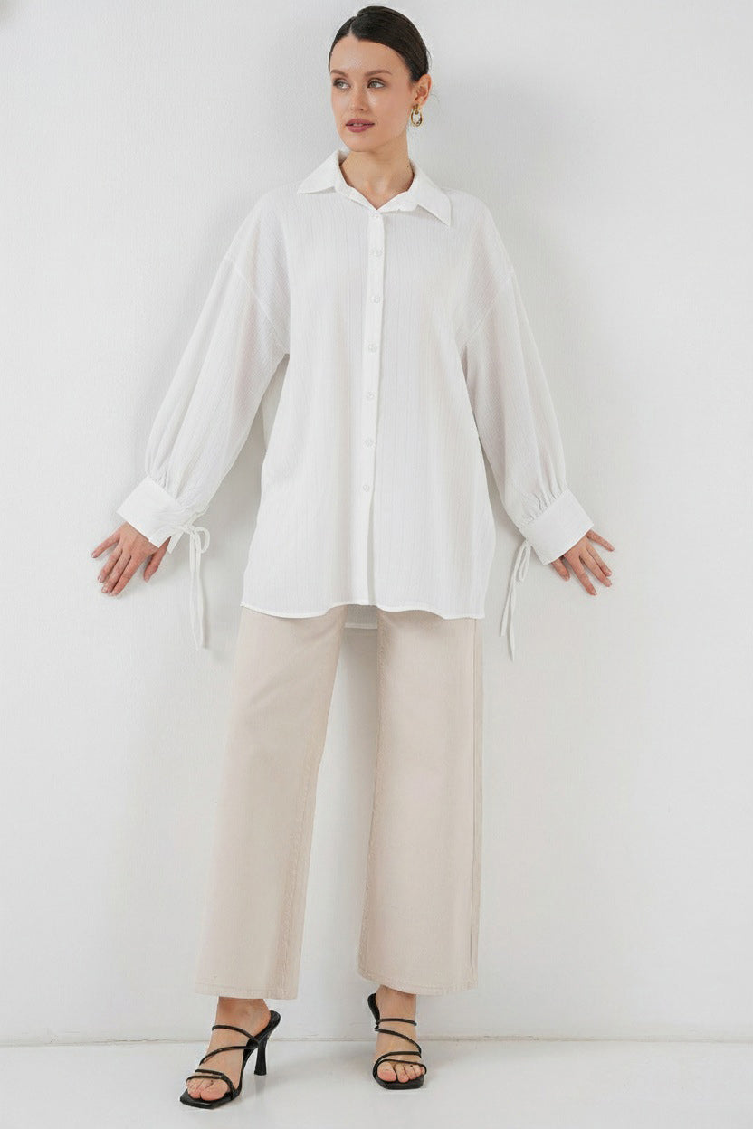 BGD Women Kadın Oversize Bağcıklı Gömlek 5954 - Beyaz - Laval