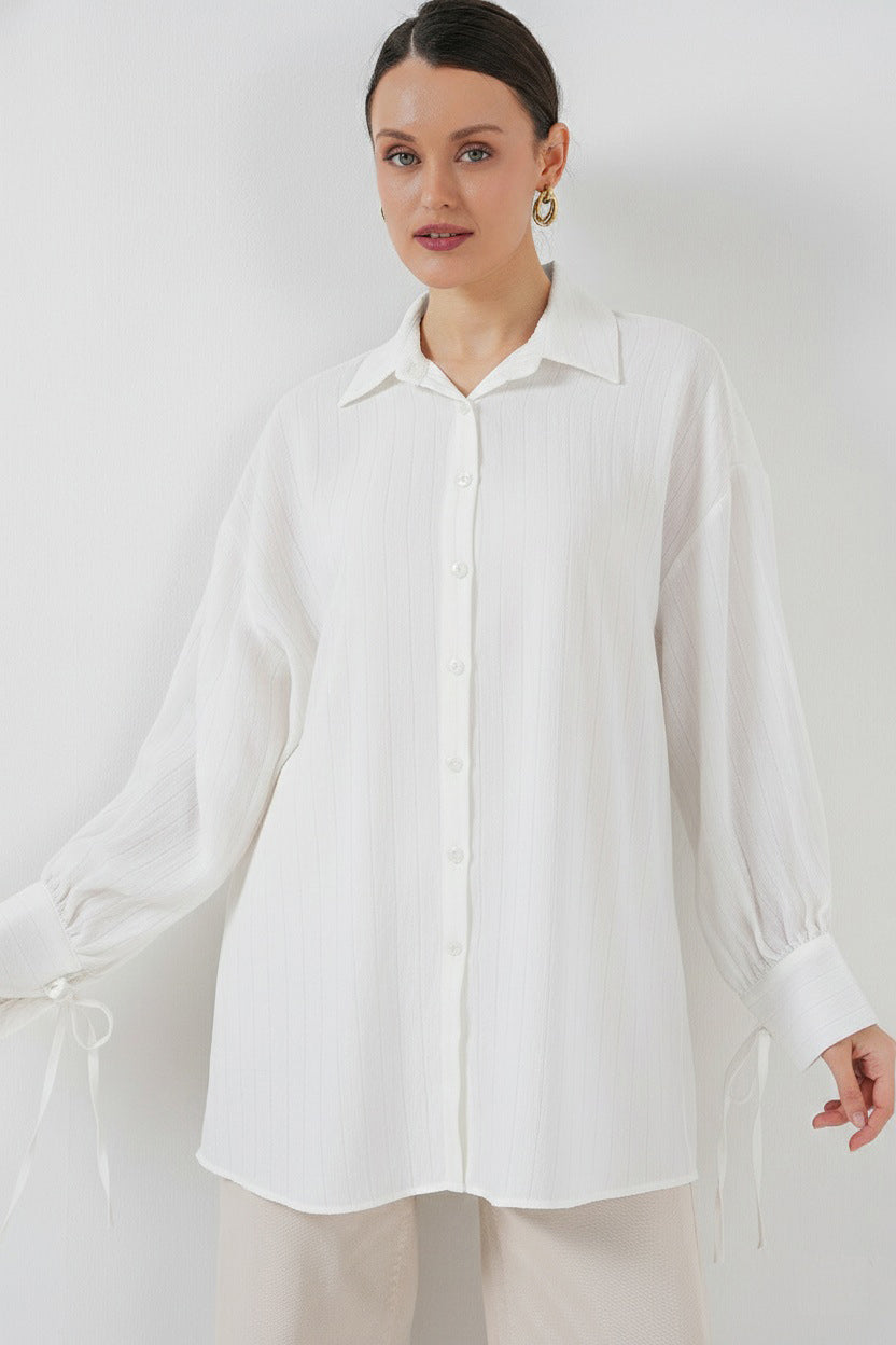 BGD Women Kadın Oversize Bağcıklı Gömlek 5954 - Beyaz - Laval