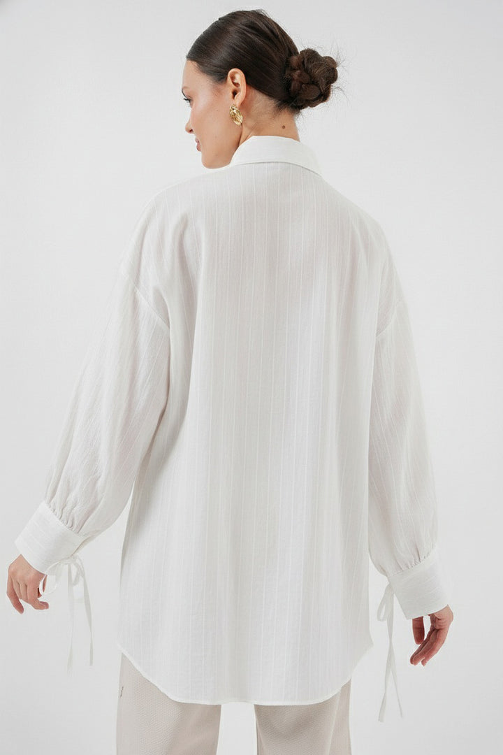 BGD Women Kadın Oversize Bağcıklı Gömlek 5954 - Beyaz - Laval