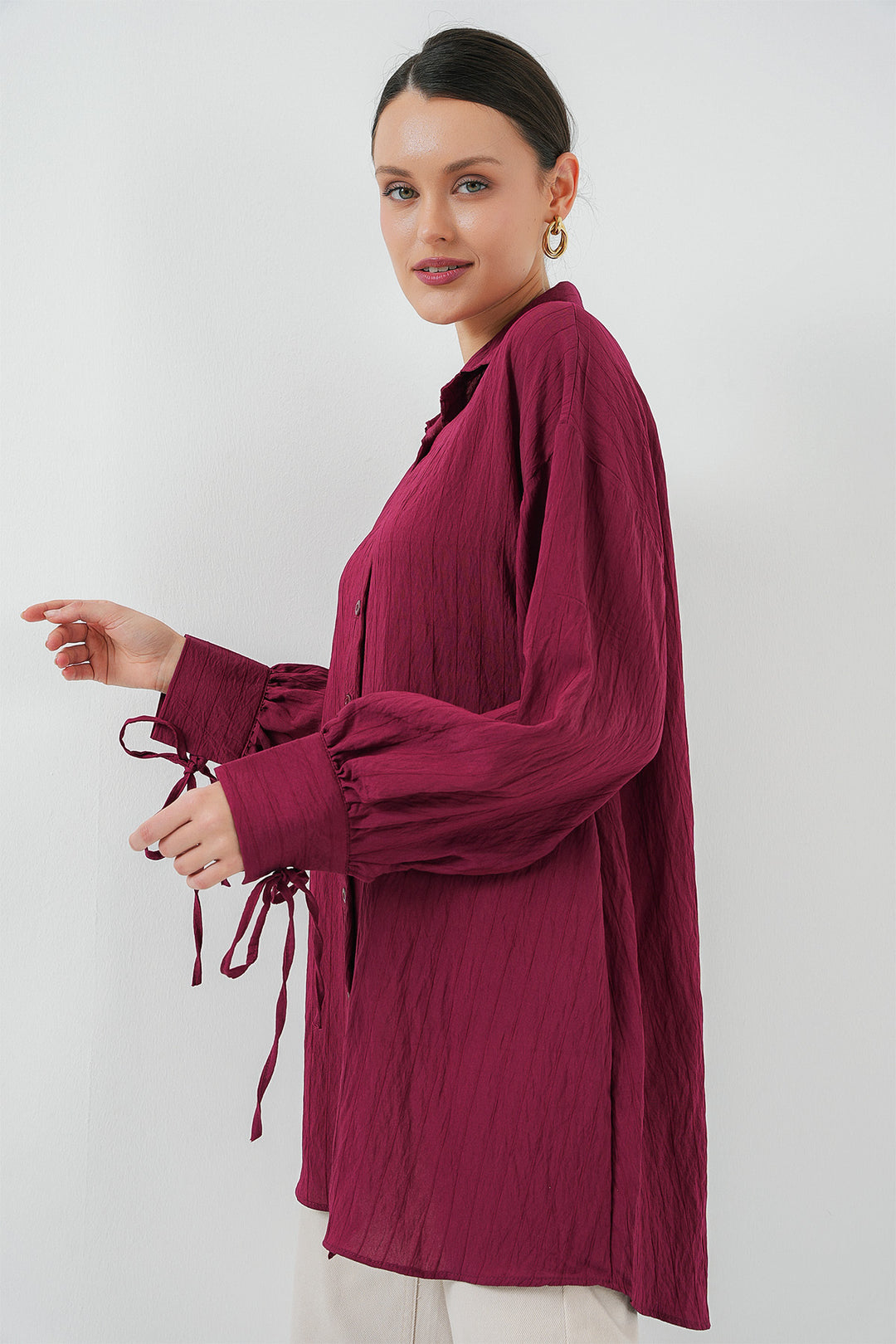 BGD Women Women's Oversized Lace-Up Shirt 5954 - Burgundy - Taylorsville
