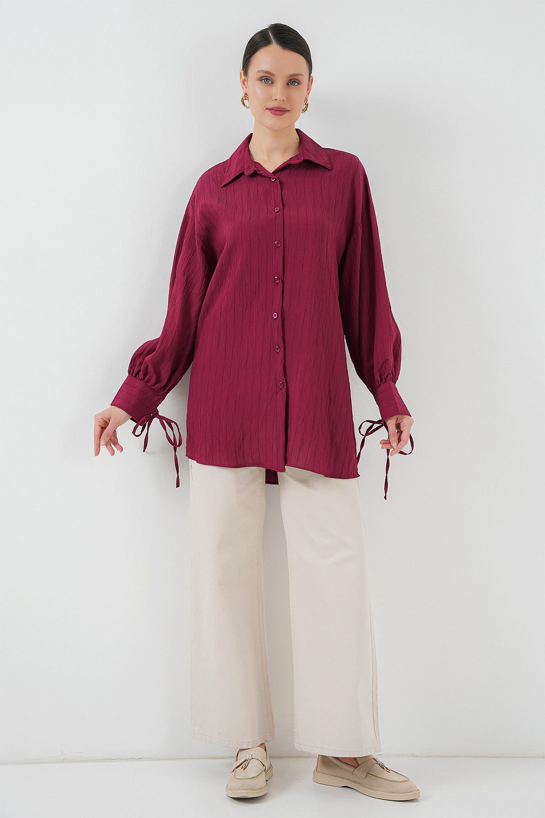 BGD Women Women's Oversized Lace-Up Shirt 5954 - Burgundy - Taylorsville