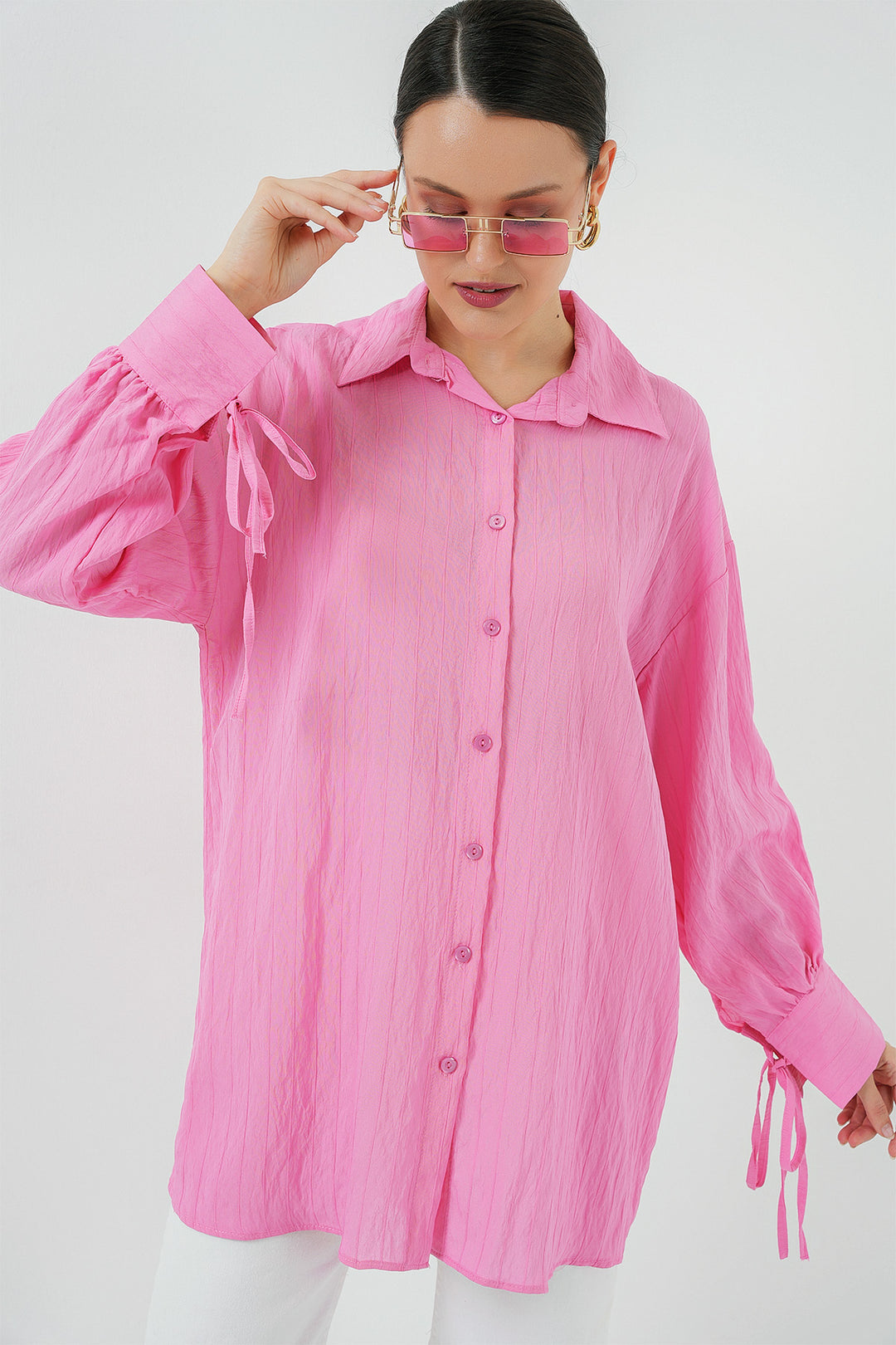 BGD Women Women's Oversized Lace-Up Shirt 5954 - Pink - Ashford