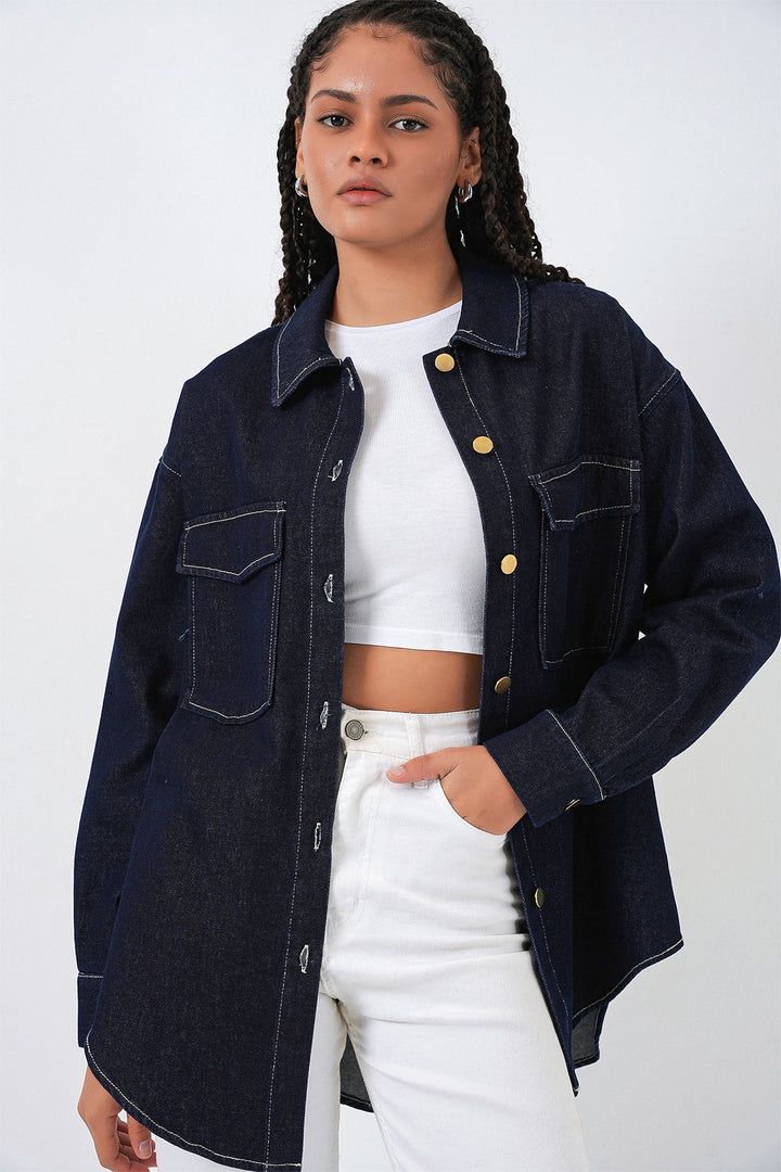 BGD Women Kadın Oversize Çift Cepli Kot Gömlek 20364 - Koyu Mavi - Chippenham