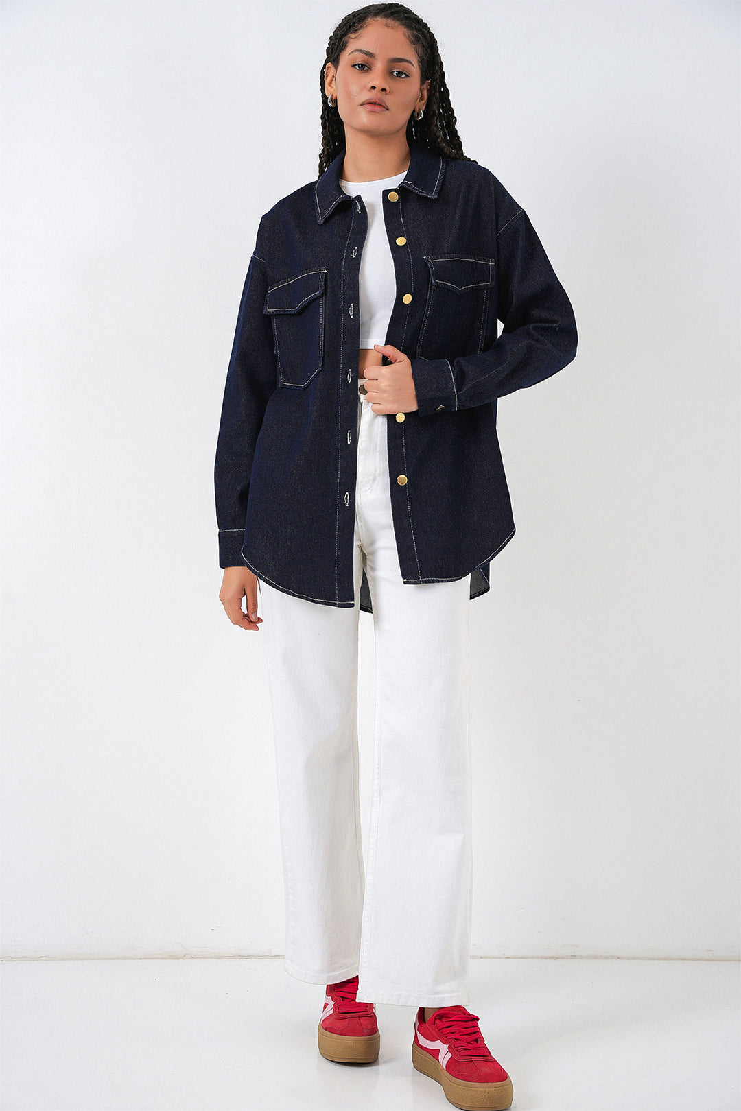 BGD Women Kadın Oversize Çift Cepli Kot Gömlek 20364 - Koyu Mavi - Chippenham