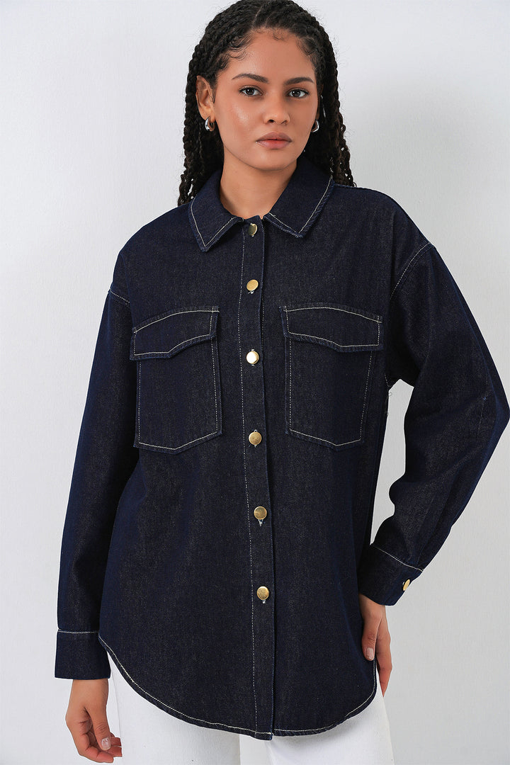 BGD Women Kadın Oversize Çift Cepli Kot Gömlek 20364 - Koyu Mavi - Chippenham