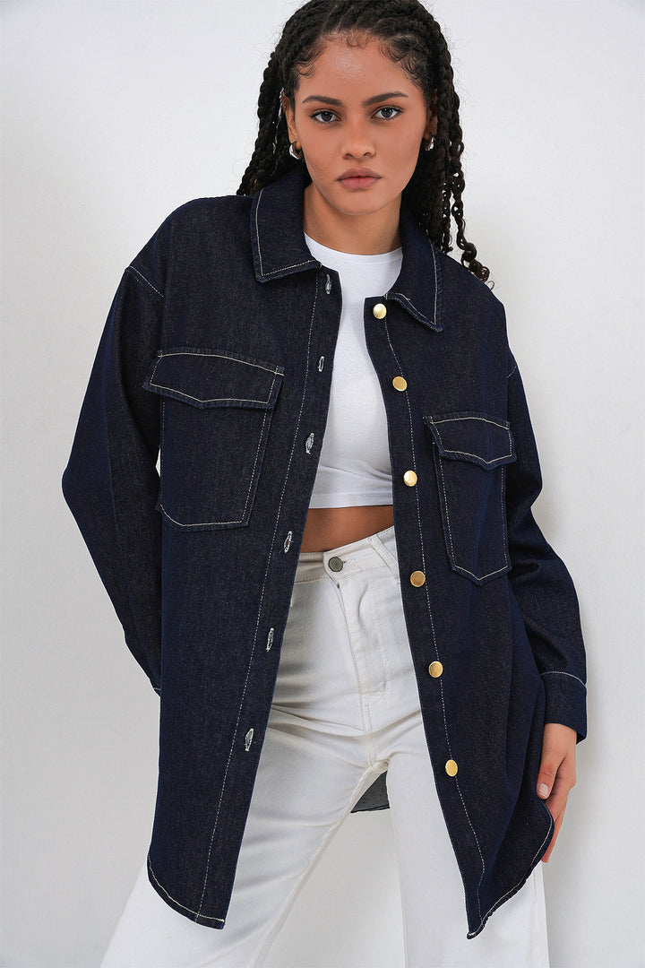 BGD Women Kadın Oversize Çift Cepli Kot Gömlek 20364 - Koyu Mavi - Chippenham