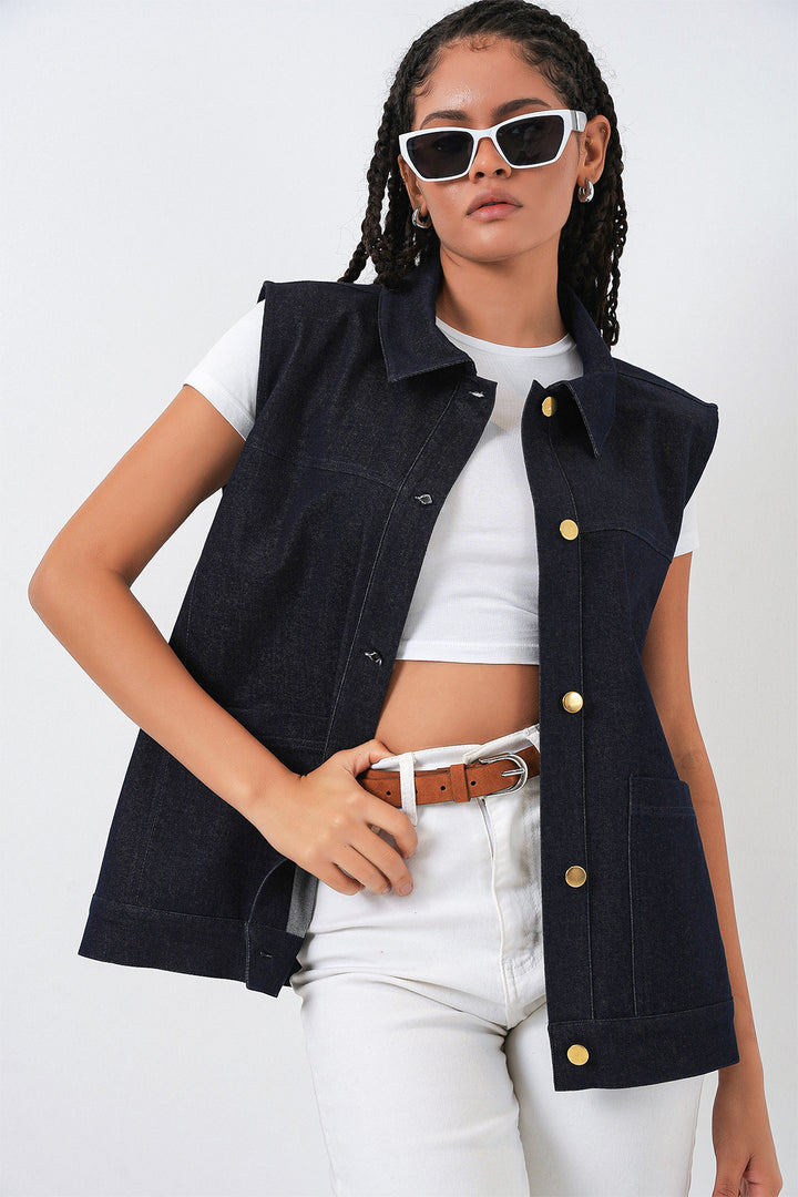 BGD Women Kadın Oversize Çift Cepli Kot Yelek 6810 - Koyu Mavi - Erkrath