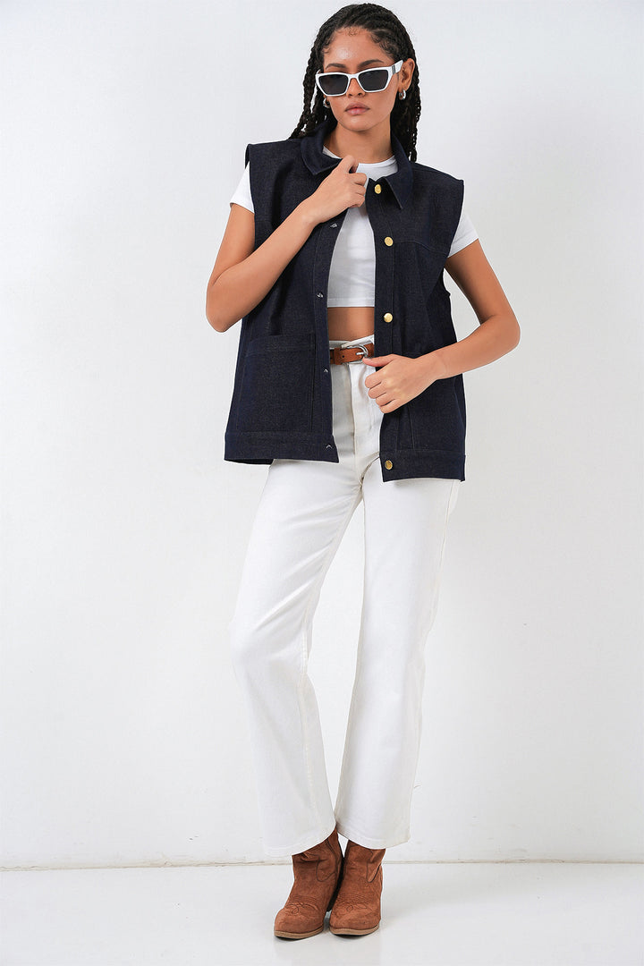 BGD Women Kadın Oversize Çift Cepli Kot Yelek 6810 - Koyu Mavi - Erkrath